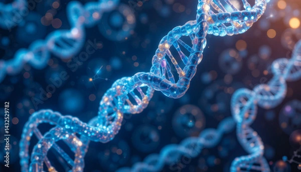 Obraz A stunning 3D rendering showcases a DNA double helix, glowing with vibrant blue and orange hues against a dark, bokeh-filled background. The intricate structure is beautifully detailed.