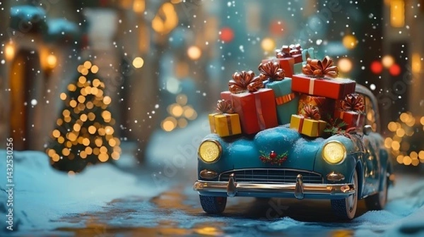 Fototapeta Christmas themed vintage car decorated with festive gifts and glowing lights image