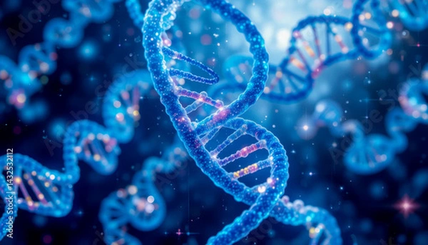 Obraz Intricate, glowing DNA strands intertwine in a deep blue space, creating a mesmerizing visual representation of genetic code.