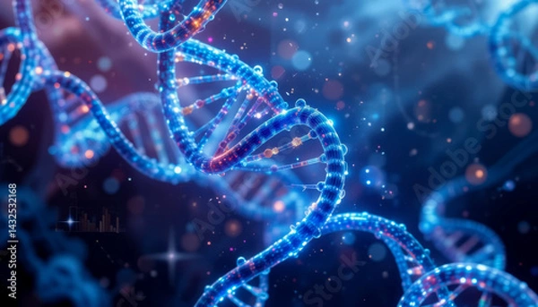Obraz A vibrant close-up of a DNA double helix, rendered with glowing particles and bokeh effects.  Suggests genetic research and scientific discovery.