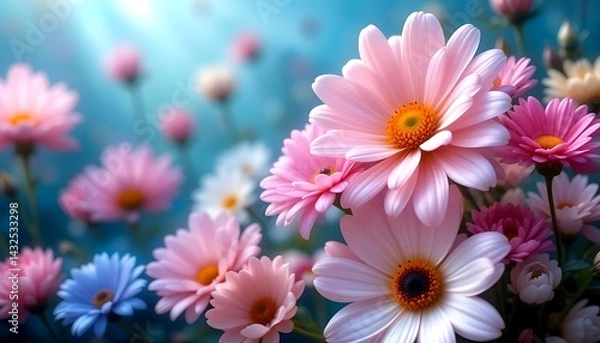 Obraz Close-up view of a stunning bouquet of pastel pink and light blue daisies, showcasing intricate details of petals and centers, bathed in soft, ethereal light.
