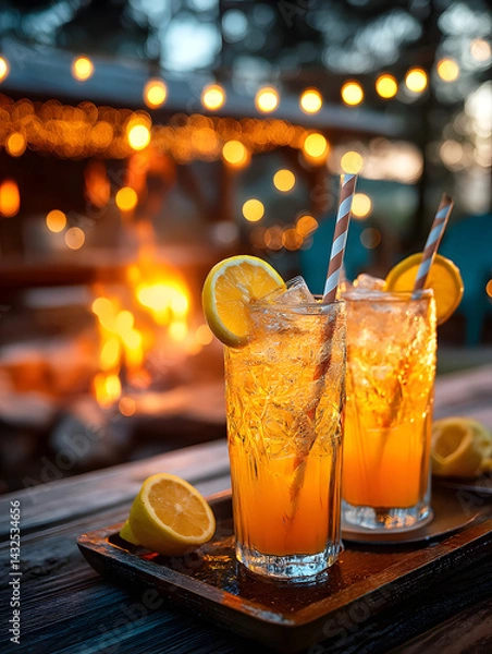 Obraz Tall Citrus Cocktails by the Firepit with String Lights