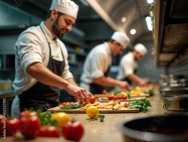 Obraz The image shows a group of chefs in a commercial kitchen, each preparing food