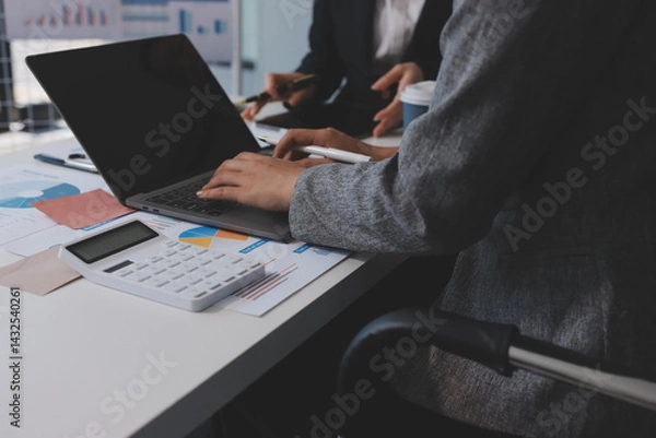 Obraz Accounting company provide finance and taxation planning for profitable cash flow, Auditor and accountant team working in office, analyze financial data and accounting record with calculator.Insight