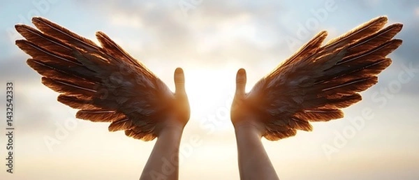 Obraz Angel wings emanate from hands raised towards the sun against a cloudy sky, casting a golden glow