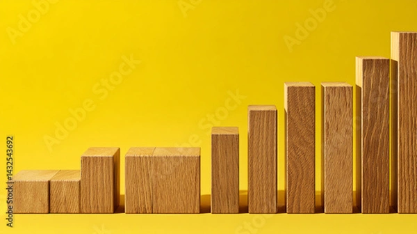 Obraz ステップアップを可視化した木製キューブの階段構成 | イエローの活気ある背景