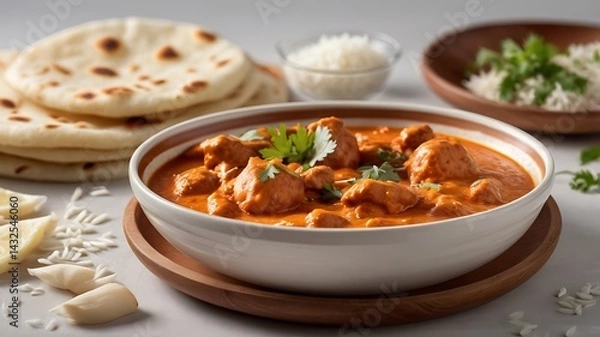 Obraz A fragrant bowl of Indian butter chicken with naan and basmati rice, commercial food photography on a white background
