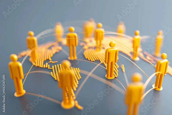 Obraz A vibrant illustration of interconnected figures representing global networking and communication across a digital landscape.