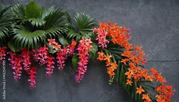 Obraz Tropical flower arrangement with orange and pink orchids on grey wall