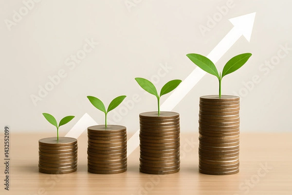 Fototapeta Growing Investment: Stacks of coins with growing plants represent financial growth and investment potential. An upward arrow symbolizes progress and success.