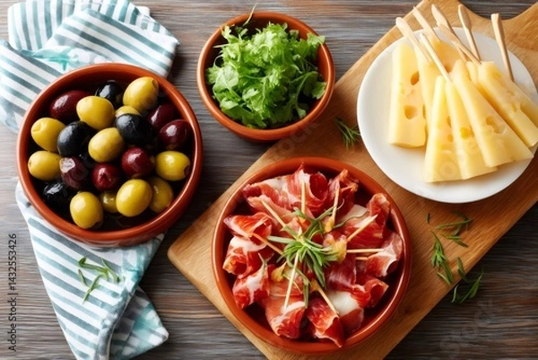 Obraz Spanish tapas with cheese, olives, jamon and herbs decorating wooden table