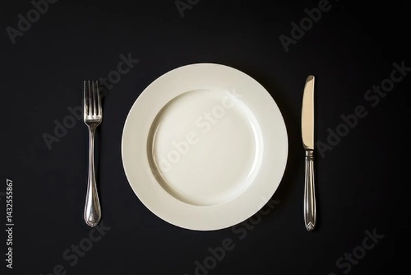 Fototapeta Elegant Empty White Plate with Silverware Dark Background Simple Dinner Setting Minimalist Food     