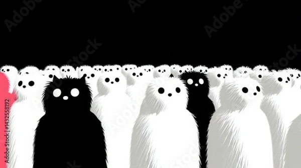 Fototapeta Black   White Fuzzy Creatures Crowd  Minimalist Art  Abstract Design
