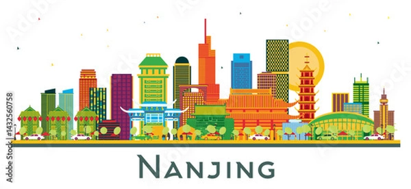 Fototapeta Nanjing China City Skyline with Color Buildings isolated on white. Business Travel and Tourism Illustration with Modern Architecture. Nanjing Cityscape with Landmarks.