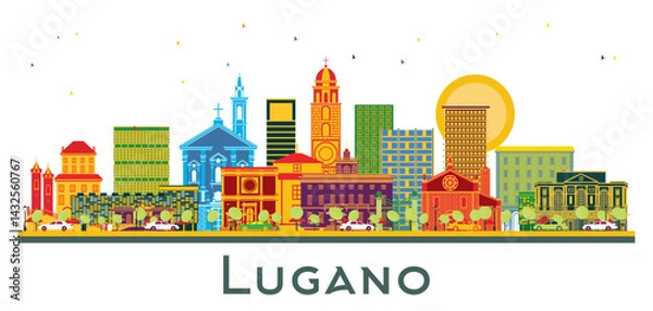 Fototapeta Lugano Switzerland Skyline with Color Buildings isolated on white. Business Travel and Tourism Illustration with Historic Architecture. Lugano Cityscape with Landmarks.