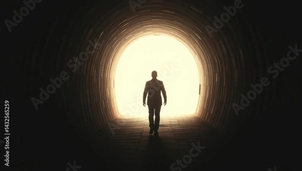Fototapeta Silhouette of a man approaching light in a dark tunnel, symbolizing hope and renewal