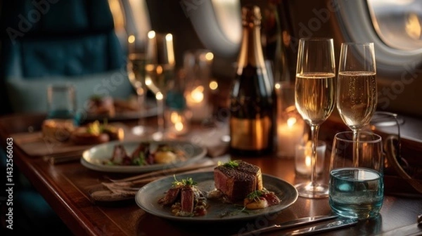 Fototapeta Luxurious dining experience aboard private jet