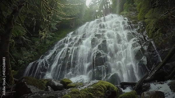 Fototapeta Lush forest waterfall cascading rocks, sunlight, nature serenity, travel poster