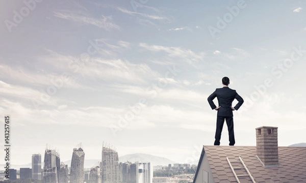 Fototapeta Mister boss on brick roof with arms akimbo. Mixed media