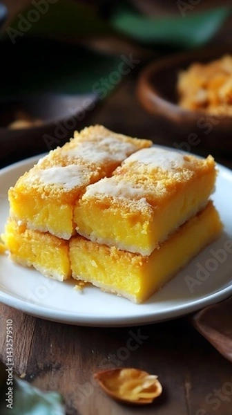 Fototapeta Stack of golden yellow bibingka cake squares on white plate with sugary topping