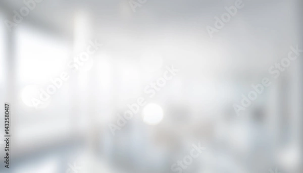 Fototapeta Blurred interior view of a bright office space with large windows. Professional photos for backgrounds for text, banners, posters, and web displays.