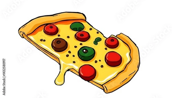 Obraz Delicious Melted Cheese Pizza Slice with Assorted Toppings, Cartoon Illustration, Isolated on White Background