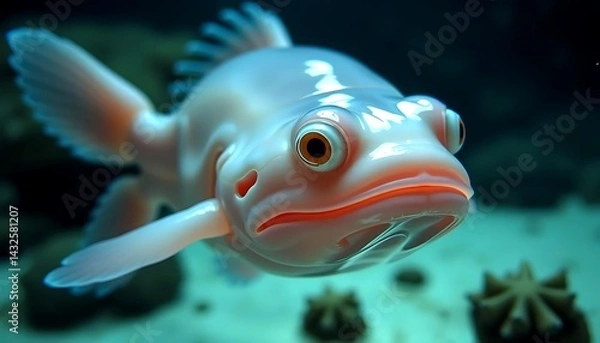 Obraz Close-up of a translucent, pale pink fish with large, expressive eyes, swimming underwater, detailed fins, unique aquatic creature, deep ocean dweller, rare fish species