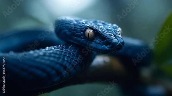 Obraz A stunning blue viper coils around a tree branch, its dew-kissed scales shining against the vibrant green backdrop, creating a captivating sight