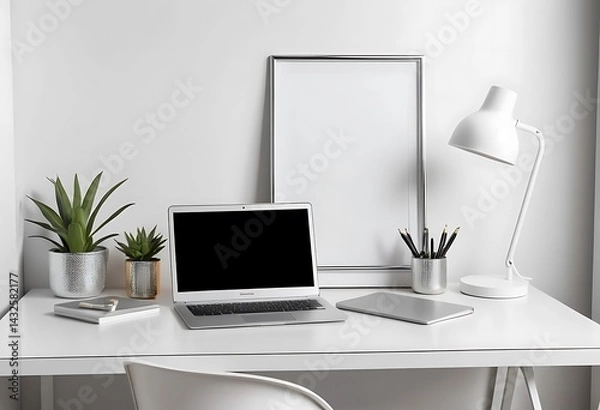 Fototapeta Minimalist Home Office Desk Setup with Laptop, Indoor Plants, Stationery, and Blank Frame Mockup on Wall