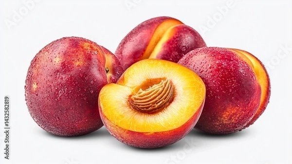 Fototapeta Nectarines, sliced, piled, sitting on white surface in bright, food background