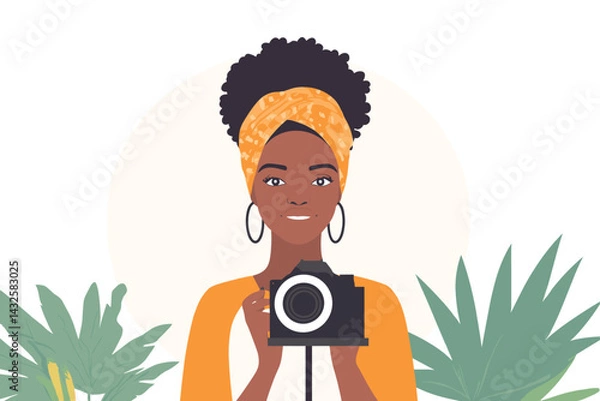 Obraz African woman with headwrap filming content with a camera and ring light, content creator setup vector illustration