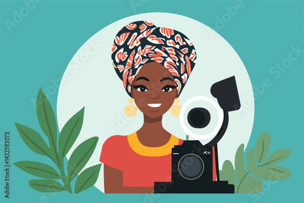 Obraz African woman with headwrap filming content with a camera and ring light, content creator setup vector illustration