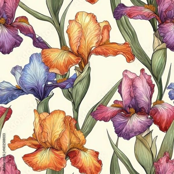 Fototapeta Iris flower plant flora bloom botany seamless pattern ornament design, tile