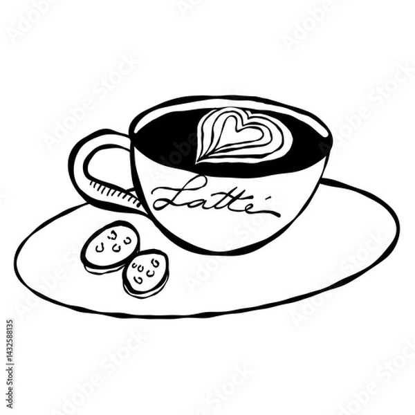 Fototapeta Black coffee and chocolate cake on a white saucer, a delightful cafe breakfast break