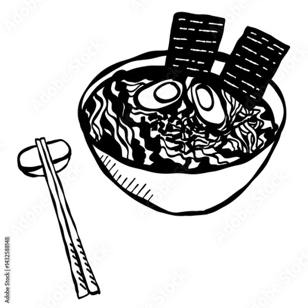 Fototapeta Hand drawn Ramen sketch illustration with artistic and natural design elements