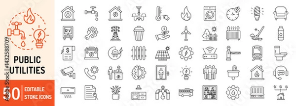 Fototapeta Public Utilities collections editable stroke outline web icons set. Public, service, utilities, home, electric, fire, energy, water, plumbing, repair, power, gas and more... Vector illustration