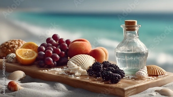 Obraz Früchte und Muscheln auf Holzbrett mit Glasflasche am Strand
