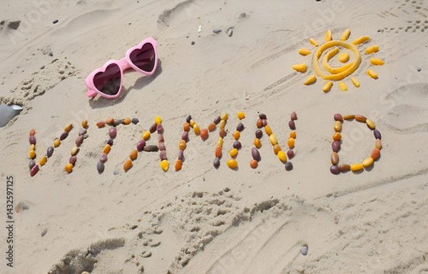 Fototapeta Sunglasses, inscription vitamin D and shape of sun on sand at beach, concept of vacation time