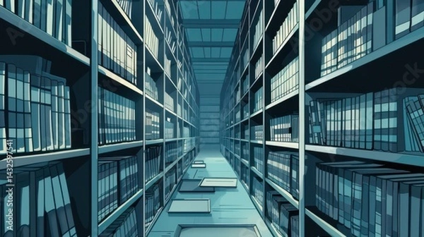 Fototapeta Celebrating international archives day with endless library shelves and historic texts. Horizontal banner. Copy space. World Library Day. Flat illustration