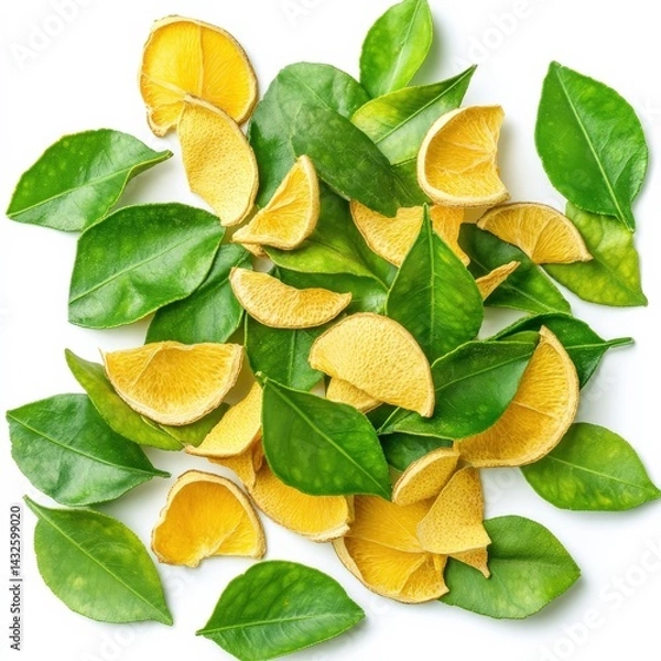 Obraz Fresh and dried bergamot peel and leaves, isolated on white background"