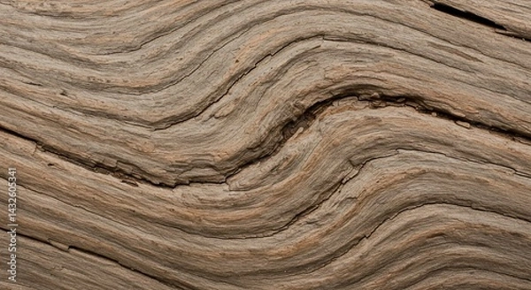 Fototapeta This image captures the natural beauty of weathered wood grain, its wavy lines, brown tones, and cracks forming a unique rustic texture