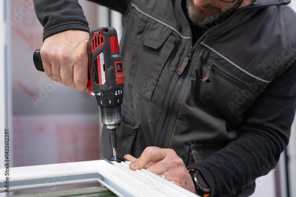 Fototapeta Carpenter using cordless drill assembling aluminum window frame