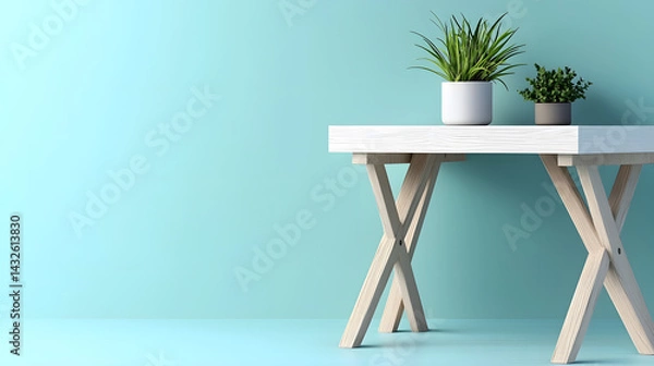 Fototapeta A white table with a plant in a white pot on it. Generated using AI.