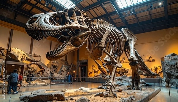 Fototapeta Photo of a large dinosaur skeleton in a museum, with space on the side for text.