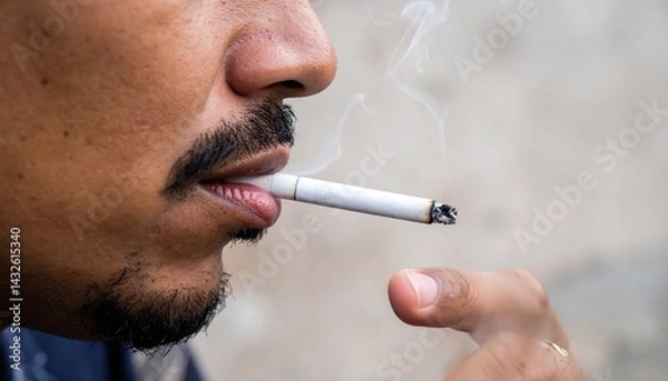 Fototapeta Photo of only the mouth from the side of a man smoking a cigarette, close-up