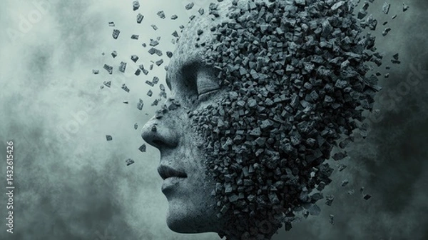 Obraz Crumbling Stone Face: A Surreal Depiction of Mental Disintegration and Fragility of the Human Psyche