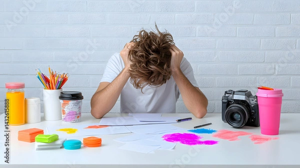 Obraz Young Man Feeling Overwhelmed at Messy Art Desk