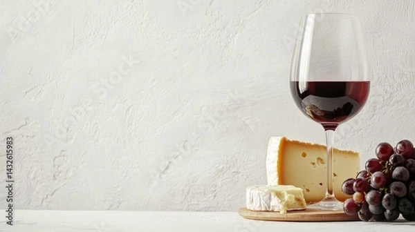 Obraz Glass of red wine with cheese selection and grapes on white background