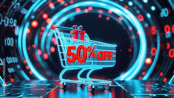Fototapeta Neon glow shopping cart shows 50 discount on digital futuristic background. Gift box icon appears on digital surface. Online purchase concept. Techy sale promotion. Digital marketing app website 