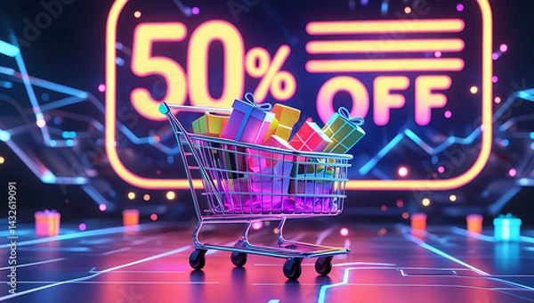 Fototapeta Neon glow shopping cart shows 50 discount on digital futuristic background. Gift box icon appears on digital surface. Online purchase concept. Techy sale promotion. Digital marketing app website 